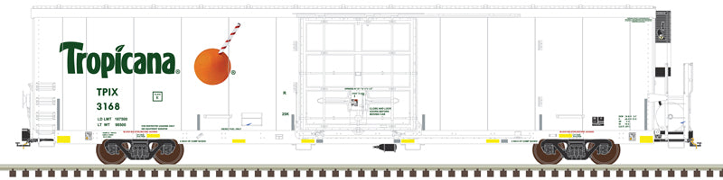 N Scale Atlas Master 50006563 Trinity 64-Foot Refrigerated Box Car TPIX Tropicana #3083 with White, Green, Orange Colors and Safety Stripes #1