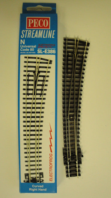 Peco N Scale Right - Hand Curved Electrofrog Turnout with 36/18 Radius, Code 80