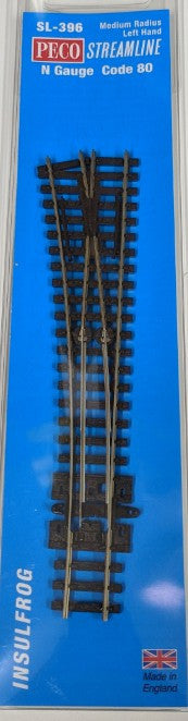 Peco N Scale Code 80 Medium Radius Left Hand Insulfrog Turnout SL - 396