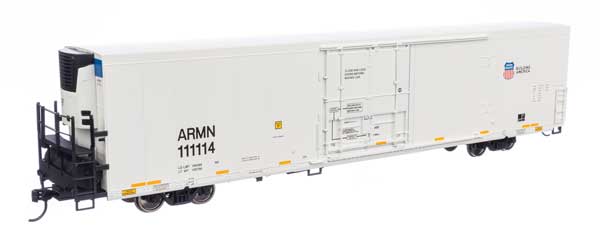 Walthers 910 - 4140 HO Scale 72 - Foot Modern Refrigerator Boxcar of UP Union Pacific ARMN #111114 in White Color with Low Reporting Mark, High Shield and Slogan