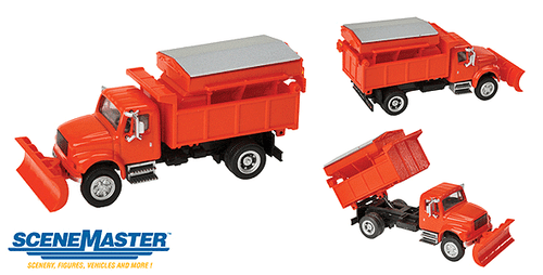 Assembled HO Scale Orange Walthers International 4900 Dump Truck with Snowplow & Salt Spreader