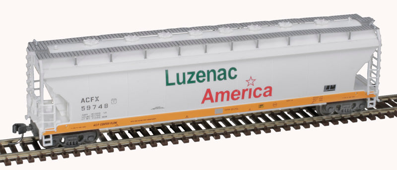 N Scale Atlas 50006073 Pressureaide Centerflow Covered Hopper Model for ACFX Luzenac America #59748 in Green, Orange, and White Colors