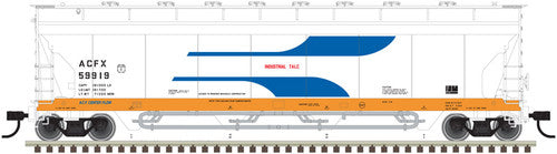 Atlas HO Scale Pressureaide Centerflow Hopper Model - ACFX #59918 in White, Blue, Orange Colors with Venturi Feature