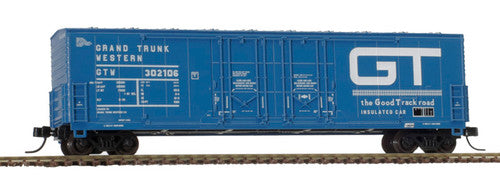 N Scale Model Railroad Atlas 50005201 Evans 53-Foot Double Plug-Door Boxcar Representing GTW Grand Trunk Western #302106 in Blue and White Colors