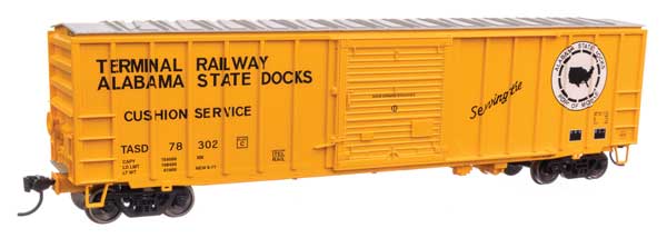Walthers 910-1872 HO Scale 50-Foot ACF Exterior Post Boxcar for Terminal Railway of Alabama State Docks TASD #78302 in Yellow, Black, and White Colors