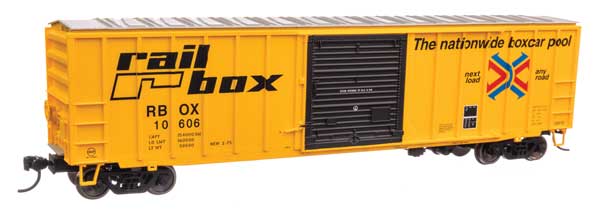 HO Scale Walthers 910 - 1895 50 - Foot ACF Exterior Post Boxcar Railbox RBOX #10606 in Yellow, Black, Red, and Blue Colors