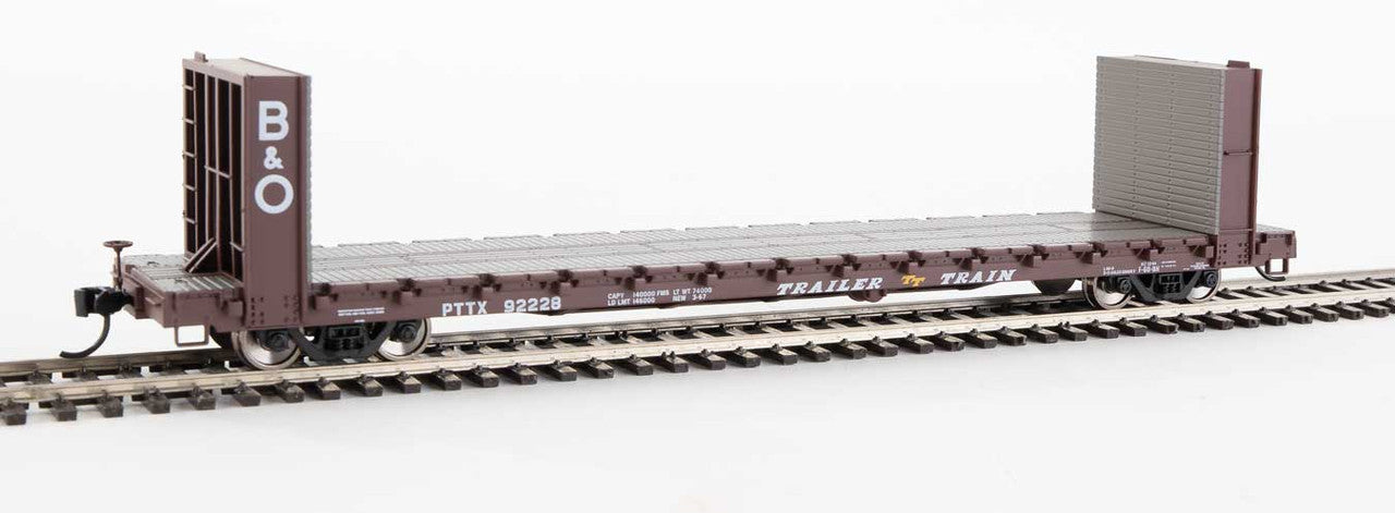 Walthers HO Scale 60-Foot Pullman-Standard Bulkhead Flatcar (48' Interior Length) of PTTX - Trailer-Train Brand with Baltimore and Ohio (B&O) Bulkheads, Model #92228, Limited Edition