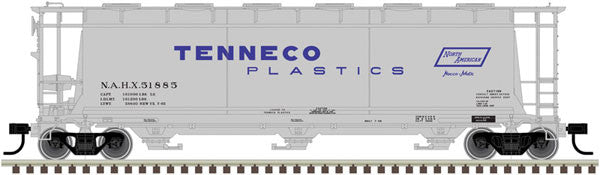 HO Scale ATLAS 20004374 ACF 3-Bay Cylindrical Hopper by Tenneco Plastics #51885 (Gray, Blue)