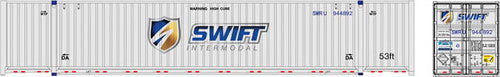 N Scale ATLAS 50005957 53-Foot Jindo-CIMC Corrugated Container Three-Pack Swift Set 2 (White, Blue, Shield Logo) with Product Numbers 944856, 944867, 944892