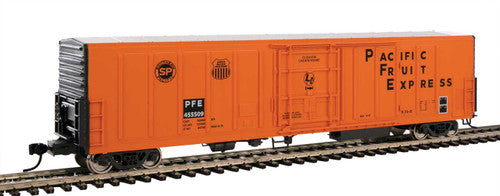 Walthers HO Scale 57-Foot Mechanical Reefer Model - Pacific Fruit Express #455620 in Orange, Black, and White Colors