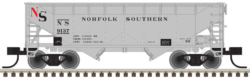 N Scale Atlas Master 50006140 2-Bay Offset Side Hopper Model Train Car - NS Norfolk Southern #9137 in Gray, Black, and Red Colors