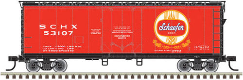 HO Scale Atlas 20006338 40-Foot Plug-Door Boxcar by SCHX Schaefer #53123 in Red, White, and Gold Colors