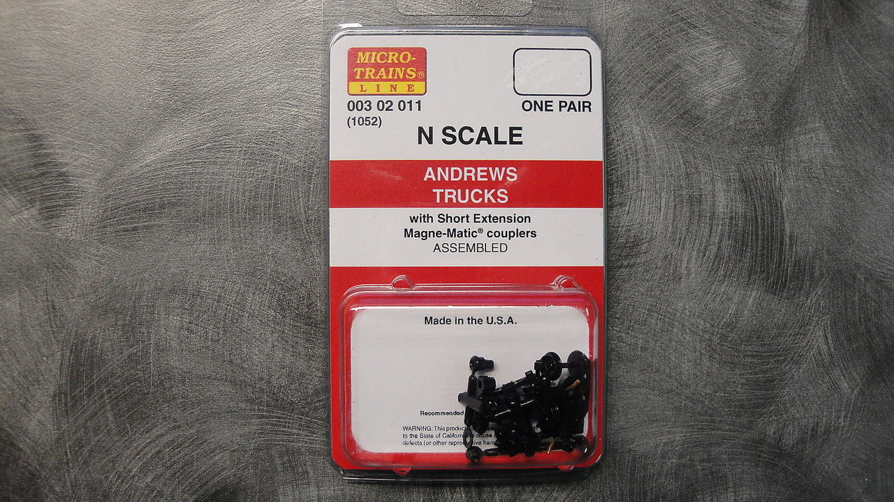 N Scale Model Railroad Andrews Trucks (1052) - 003 02 011 by MICRO TRAINS with Short Extension Magne - Matic® Couplers (1 Pair)