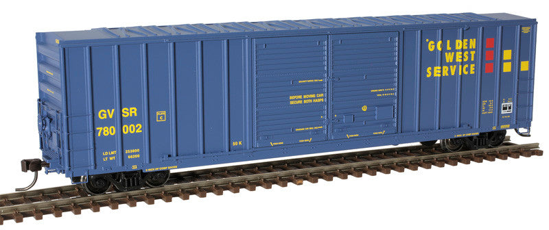 HO Scale Atlas 20006295 FMC 5503 52-Foot Double-Door Boxcar for Golden West Service #780013 in Blue, Yellow, and Red Colors