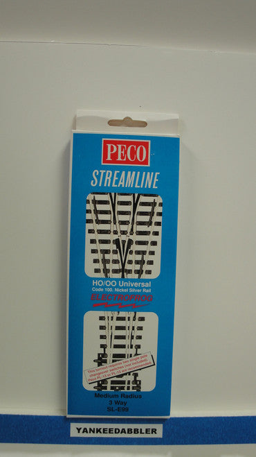 HO Scale Peco SL-E99 Code 100 Three-Way Medium Radius Electric Frog Model Railroad Turnout, Part Number PCO-SL-E99