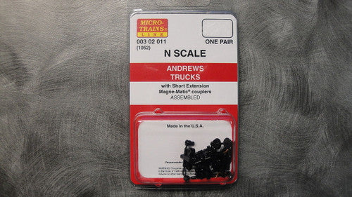 N Scale Model Railroad Andrews Trucks (1052) - 003 02 011 by MICRO TRAINS with Short Extension Magne - Matic® Couplers (1 Pair)