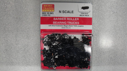 N Scale Micro Trains Barber Roller Bearing Trucks (003 10 041) with Short Extension Magne - Matic® Couplers (1035 - 10), Pack of 10 Pairs