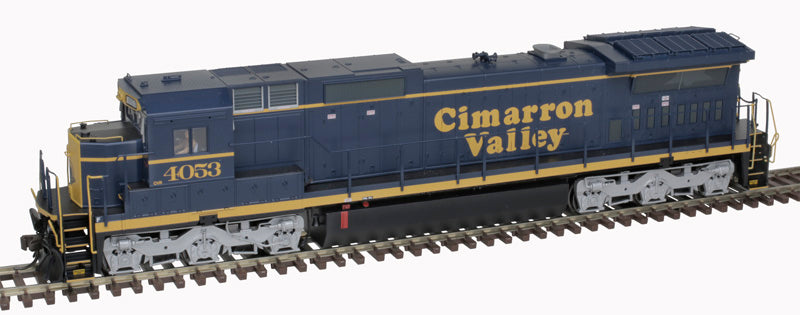 HO Scale Atlas 10004196 DASH 8 - 40C Model Train Locomotive of Cimarron Valley #4053 with Blue and Yellow Colors, Front Ditch Lights, DCC & Sound Functionality