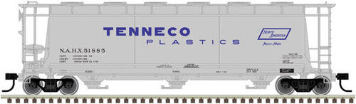 HO Scale ATLAS 20004374 ACF 3-Bay Cylindrical Hopper by Tenneco Plastics #51885 (Gray, Blue)