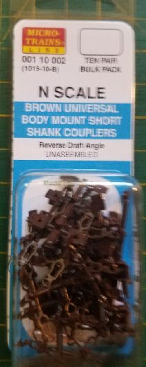 Micro-Trains N Scale Brown Universal Short Shank Body Mount Couplers (10 Pairs, Unassembled)