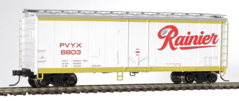 HO Scale Atlas 40' Plug-Door Boxcar PVYX Rainier #6819 in White, Red & Gold