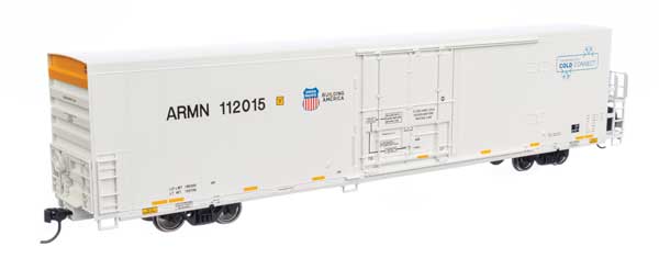 Walthers HO Scale 72-Foot Modern Refrigerator Boxcar for Model Railroads - UP Union Pacific ARMN #112015, White Color with High Reporting Mark and Cold Connect Logo