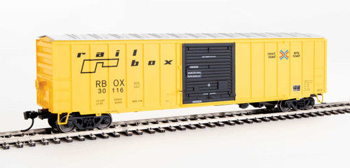 HO Scale Walthers 910-1865 50-Foot ACF Exterior Post Boxcar Railbox #30116 with Yellow Body, Black Door, Small Logo and Slogan