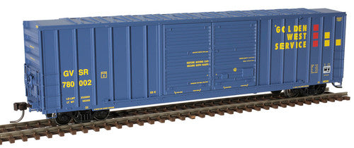 HO Scale Atlas 20006296 FMC 5503 52-Foot Double-Door Boxcar for Golden West Service #780021 in Blue, Yellow, and Red Colors