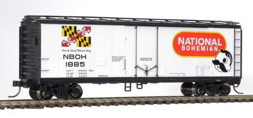 HO Scale Atlas 20006346 40-Foot Plug-Door Boxcar with National Bohemian #1885 Livery in White, Black, and Red Colors