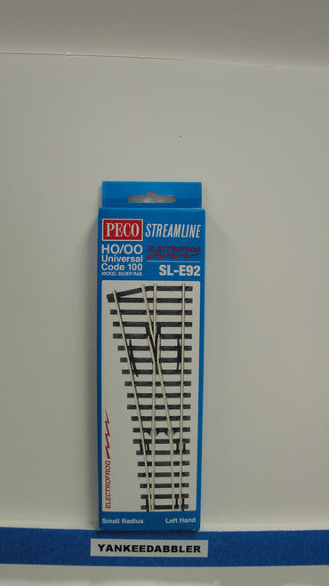 HO Scale Peco SL - E92 Code 100 Left - Handed Small Radius Electric Frog Railway Turnout, Part Number PCO - SL - E92