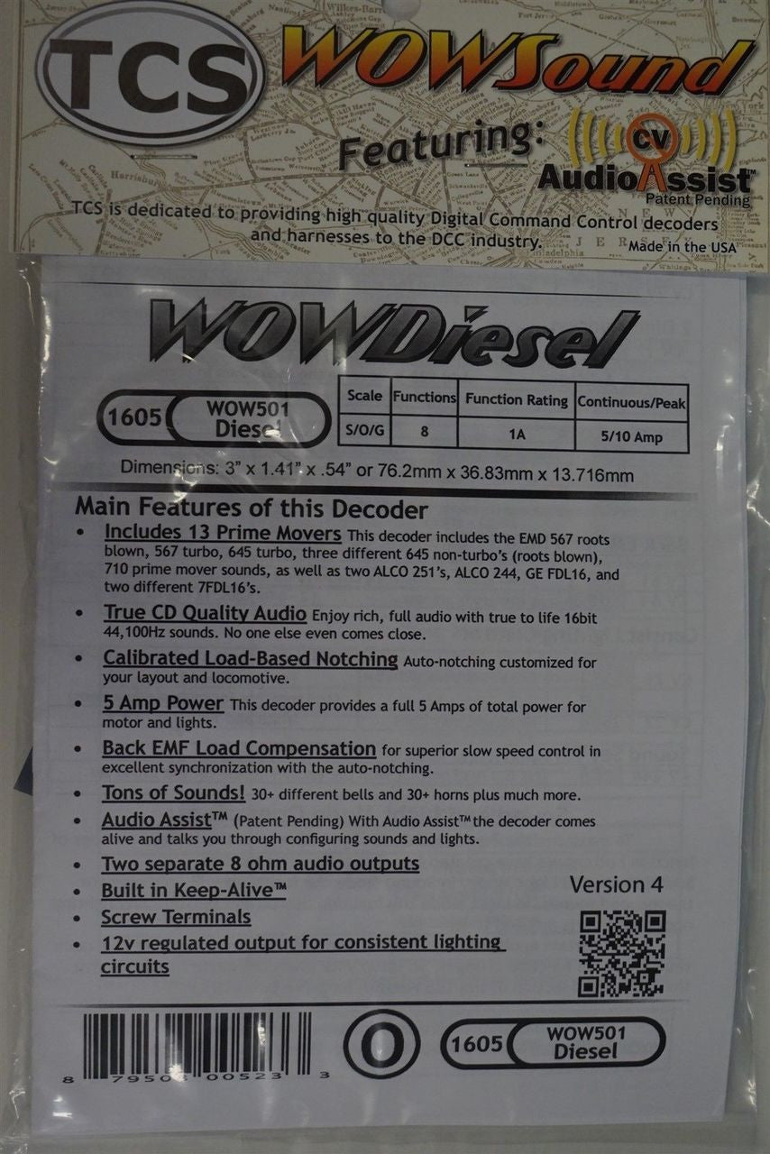1605 TCS HO Scale 5-Amp Diesel Locomotive Decoder with WOW501 Sound, Part # 745-1605