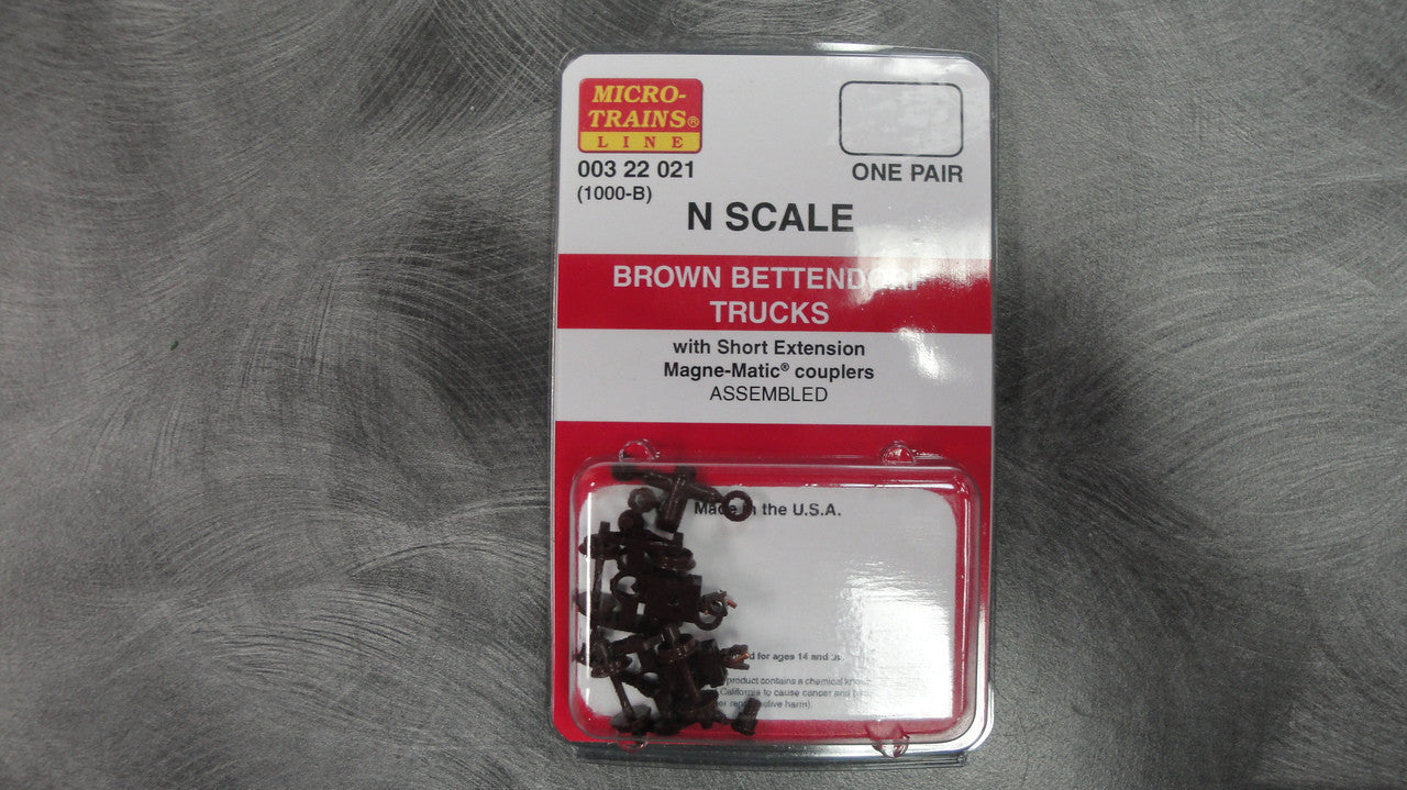 00322021 MICRO TRAINS N Scale Bettendorf Trucks (1000 - B) with Assembled Short Extension Magne - Matic Couplers, 1 Pair in Brown Color