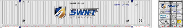 N Scale ATLAS 50005957 53-Foot Jindo-CIMC Corrugated Container Three-Pack Swift Set 2 (White, Blue, Shield Logo) with Product Numbers 944856, 944867, 944892
