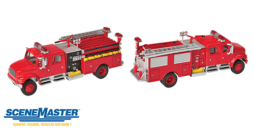 Walthers 949-11841 Assembled HO Scale SceneMaster International 4900 Crew Cab Fire Engine in Striking Red - Licensed Replica for Model Railroad Enthusiasts