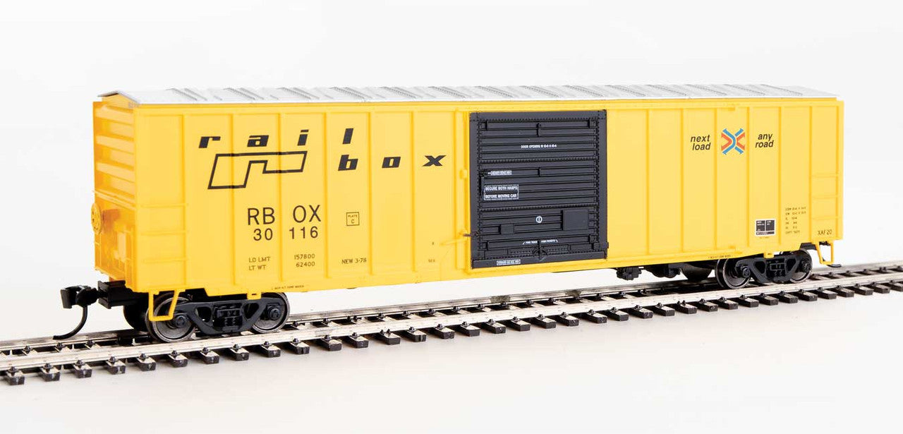 HO Scale Walthers 910-1865 50-Foot ACF Exterior Post Boxcar Railbox #30116 with Yellow Body, Black Door, Small Logo and Slogan