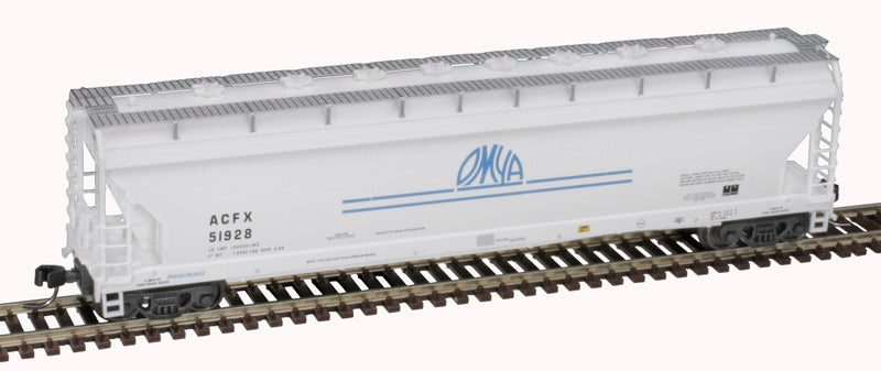 N Scale Atlas 50006081 Pressureaide Centerflow Covered Hopper Model for ACFX OMYA #51928 in White and Blue with Short Stripes