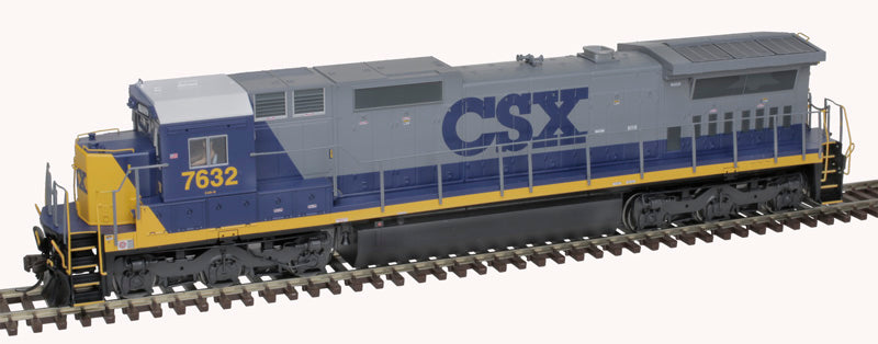 HO Scale Atlas 10004198 DASH 8-40C CSX #7636 Model Train with Front Ditch Lights, DCC & Sound, Featuring Gray, Blue, Yellow Colors and White Roof