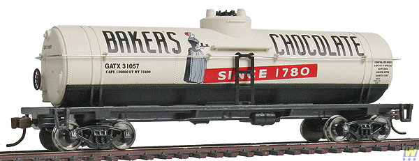 HO Scale 40' Ready-to-Run Baker's Chocolate Tank Car WAL-931-1615