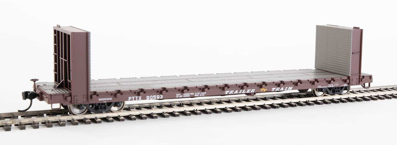 Walthers HO Scale Model Train - 910 - 5820 60 - Foot Pullman - Standard Bulkhead Flatcar (48 - Foot Interior Length) of PTTX - Trailer - Train #90593 in Brown Color