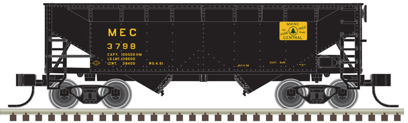 N Scale Atlas Master 2-Bay Offset Side Hopper Model Train Car - MEC Maine Central #3723 in Black, White, and Harvest Gold Colors