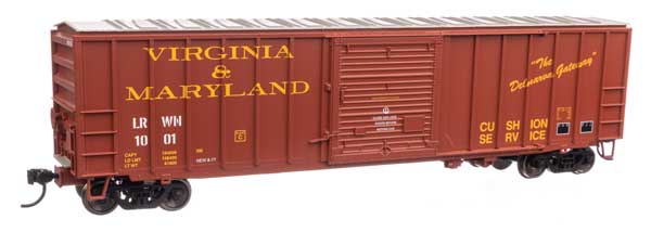Walthers HO Scale Model Train 910 - 1896 50-Foot ACF Exterior Post Boxcar of Virginia & Maryland LRWN #1001 in Brown, Yellow, and White Colors