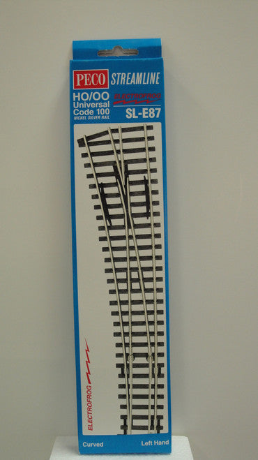 HO Scale Peco SL - E87 Code 100 Left - Hand Curved Electrofrog Turnout, Part # PCO - SL - E87