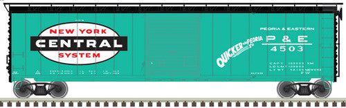 HO Scale Atlas 20005861 50-Foot Postwar Boxcar of New York Central P&E #4516 in Jade Green, Black, and White with 'Quicker via Peoria' Marking