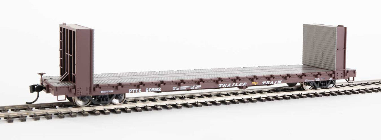 Walthers HO Scale 60-Foot Pullman-Standard Bulkhead Flatcar (48' Inside Length) of PTTX - Trailer-Train #90592 in Brown Color for Model Train Enthusiasts