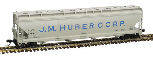 Atlas 50006014 ACF 5701 Hopper Model by J.M. Huber Corp., ACFX #97883 in Gray and Blue Colors, N Scale Railroad Freight Model
