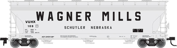 HO Scale Atlas 20003478 ACF 4650 Centerflow Covered Hopper Model - Post - 1971 Version of Wagner Mills VUHX #110 with Gray Body and Black Billboard Lettering
