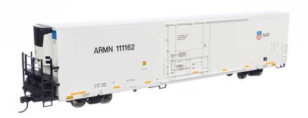 Walthers 910-4132 HO Scale 72-Foot Modern Refrigerator Boxcar for Union Pacific ARMN #111162 with White Color, Prominent Reporting Mark, Shield and Slogan
