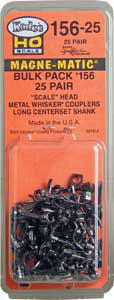 HO Scale Model Train 156-25 Kadee Bulk Pack of 25 Pairs of Long Centerset WHISKER® Scale Head Couplers, Part # 380-156-25
