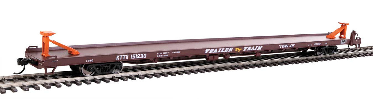 HO Scale Walthers Mainline 89' Channel Side Flatcar Trailer-Train KTTX #151230 (1960s Brown, Twin 45')