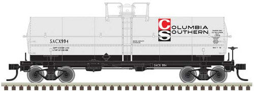 Atlas HO Scale 11,000-Gallon Tank Car with Platform - Columbia Southern SACX #999 in Gray, Black, and Red Color Scheme